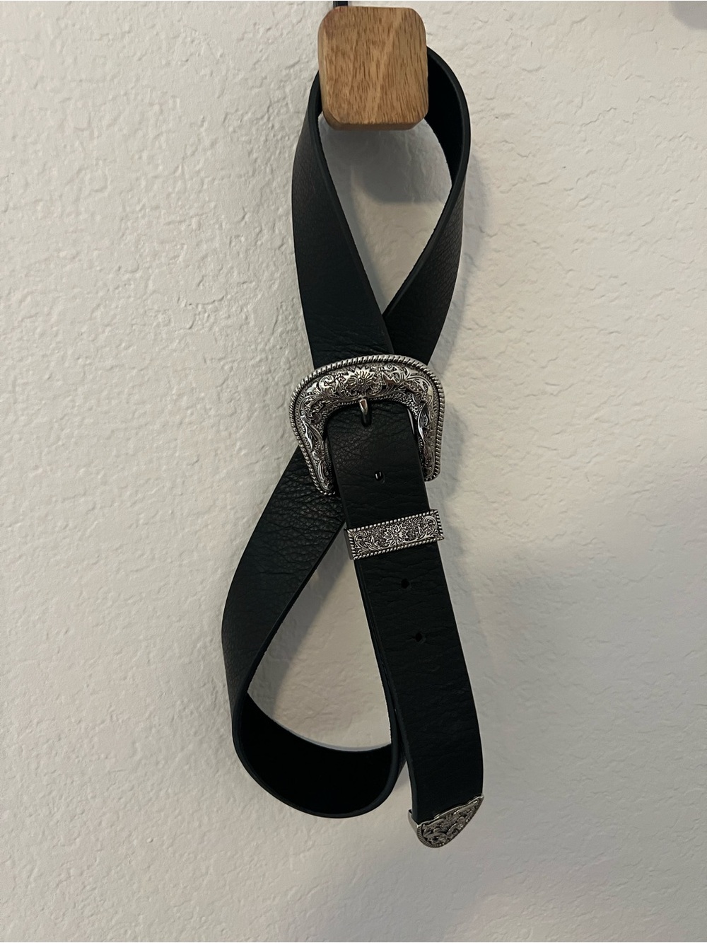 B-Low the Belt Black Leather Western Buckle Belt with Ornate Silver Hardware